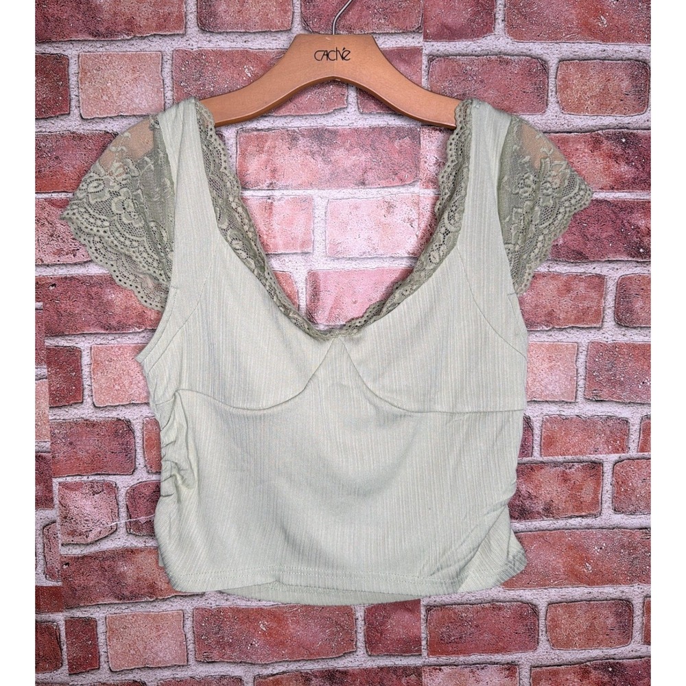 Cider SageGreen‎ Y2K Babydoll Ribbed LaceCrop Top L Bustier Coquette FairyGrunge